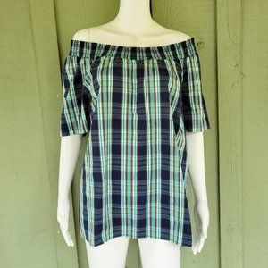 TALBOTS Blue Plaid Off Shoulder Top XL Cotton Blend Elastic Top